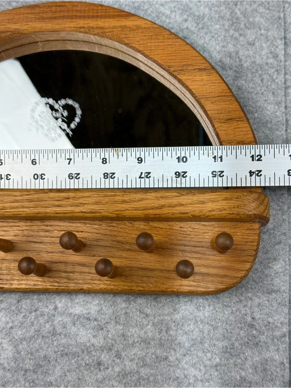 Vintage Oak Wall Jewelry Organizer Mirror 10 Necklace Pegs